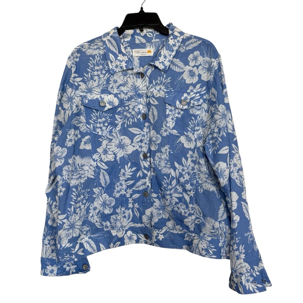 C & C California Women’s Sz XL Blue/White Floral Print Button Up Linen Jacket